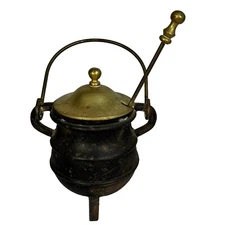 Vintage Cast Iron Brass Fire Starter Smudge Pot Cauldron With Lid & Pumice Wand