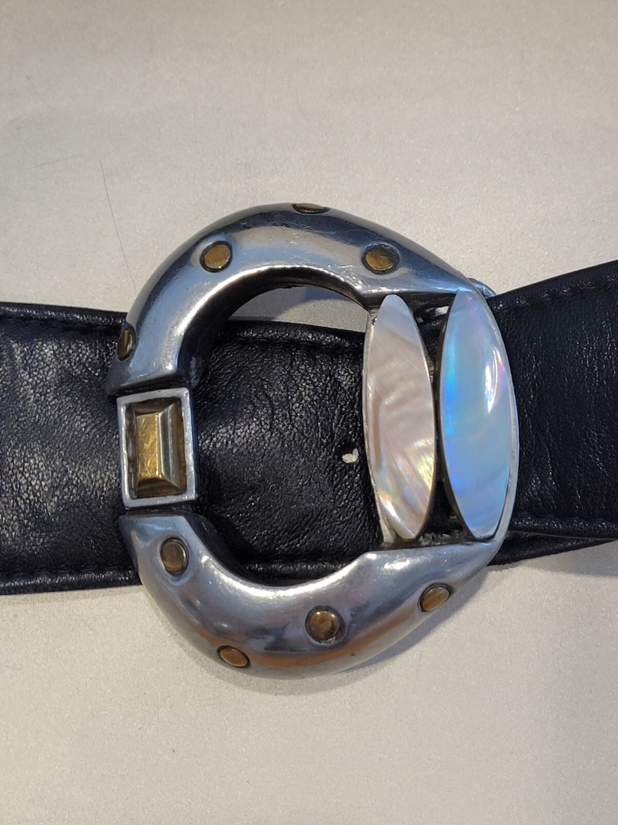 Fahrenheit NY Connie Bates Black Leather Belt w/ Silver MOP  display picture 1