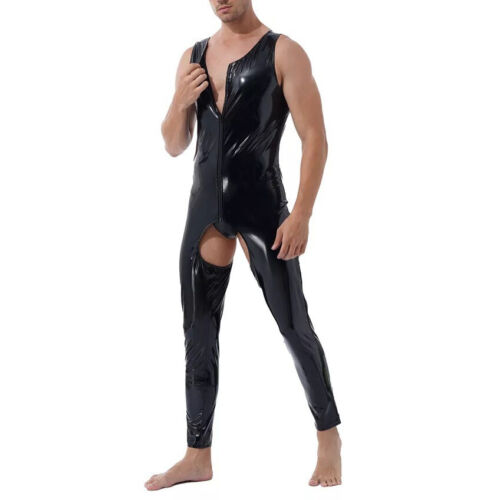 Men Glossy Wetlook PVC Leather Open Crotch Jumpsuit Latex Catsuit Zipper Leotard - Afbeelding 1 van 8