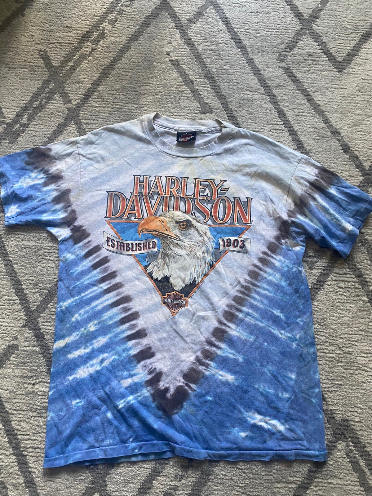 Vintage 90s 1991 RK Stratman Harley Davidson Shirt Blue XL Tie Dye Eagle Hawaii