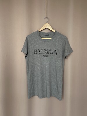 Balmain Big Logo Print T-Shirt Mens Size M/L Gray Short Sleeve Luxury