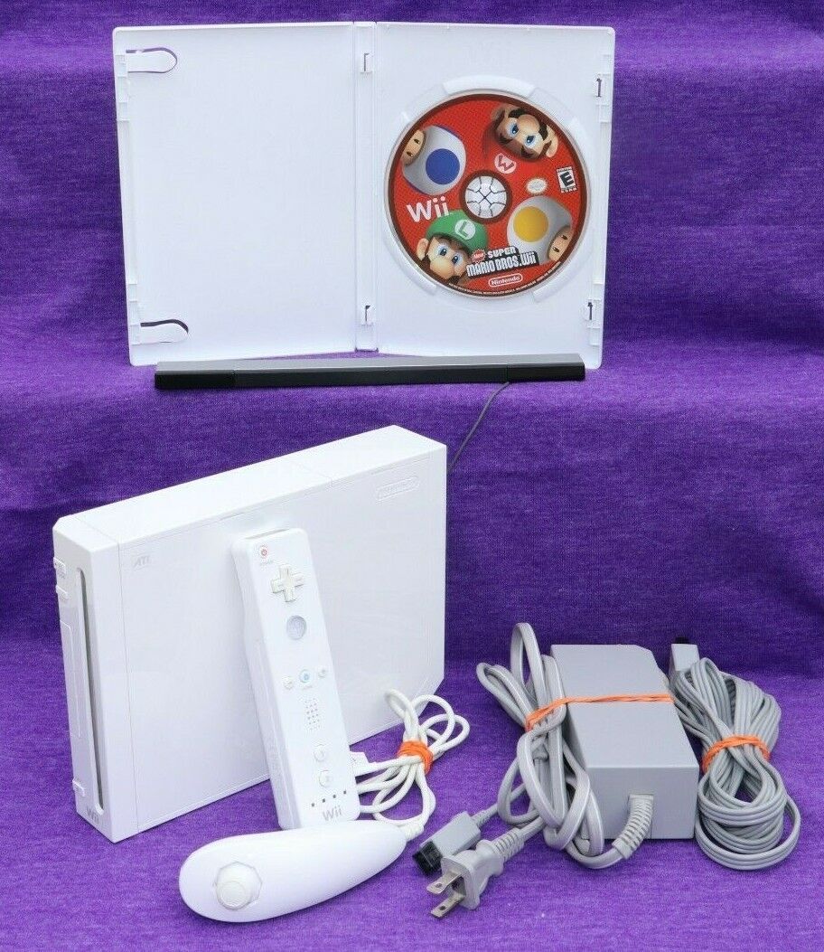 Nintendo Wii Console White with 2 Sets of Controllers & Mario Kart Bundle  System Used 