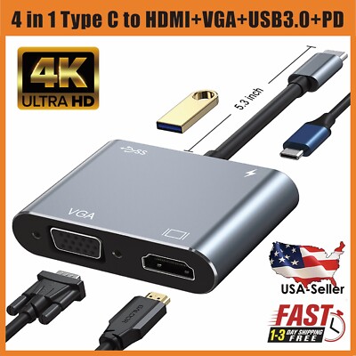 4in1 Type C/USB C to 4K HDMI+1080P VGA Adapter+USB C 3.0 Type C+100W PD 
