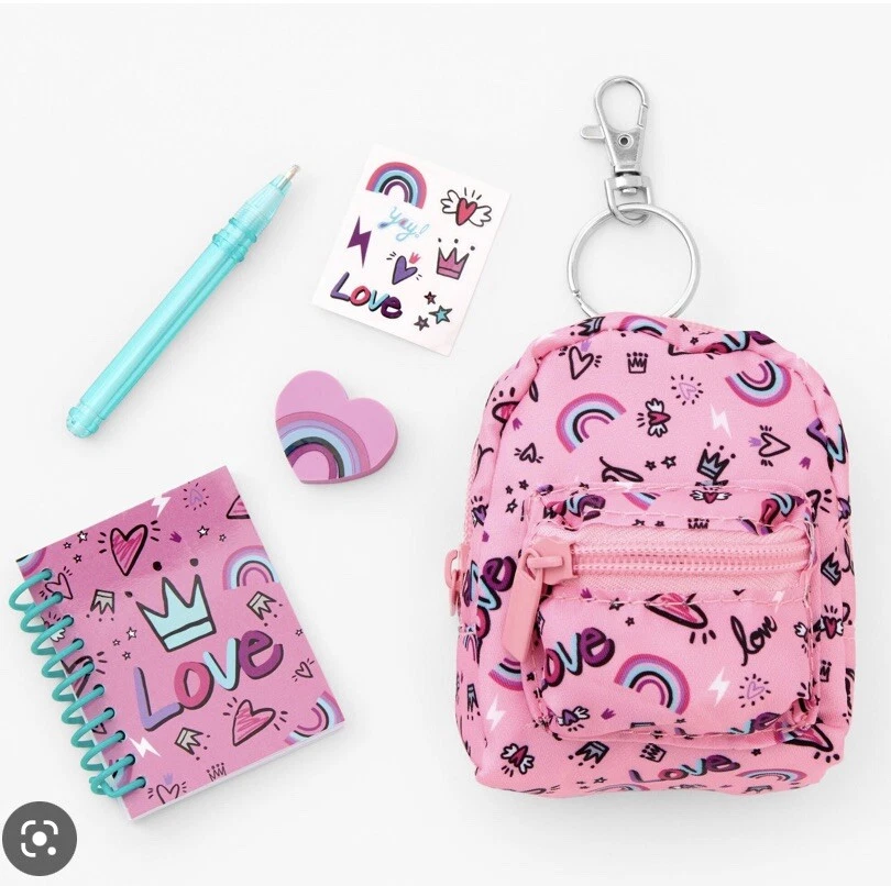 Claire's mini backpack keychain notebook pen set pink rainbow Heart Love