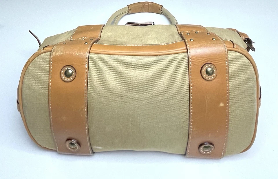 J экипажа желтовато-коричневый холст сумка с короткими ручками кожаная отделка двойной ремень наплечная сумка - Изображение 3 из 4