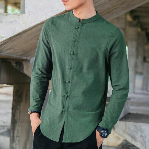 Men Ethnic Shirt Cotton Linen Solid Chinese Kung Fu Tops Frog Button Casual Slim - Picture 16 of 19
