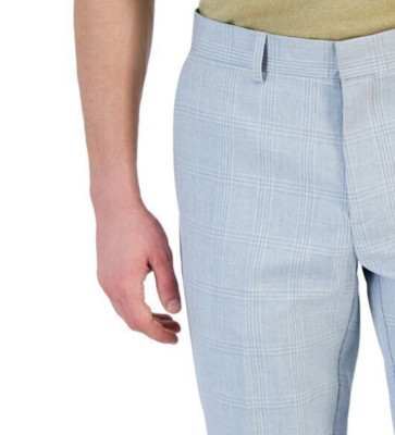 Perry Ellis Men's Slim-Fit Pants, Windowpane Plaid, Light Gray, 34x32