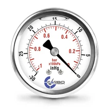 2.5" LIQUID FILLED VACUUM GAUGE -30 Hg/0 -1 BAR , STAINLESS STEEL CASE BACK  MNT