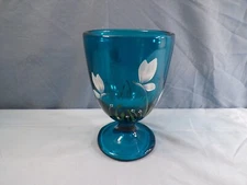 Fenton Painted Blue Glass Covered Candy Dish BOTTOM NO LID White Floral