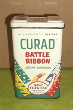VINTAGE CURAD CURITY KENDALL CO. BAUER & BLACK BATTLE RIBBON BANDAGES METAL TIN