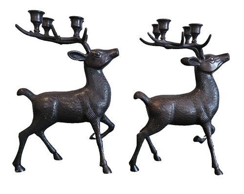 Pair Vintage Bronze Buck Deer Reindeer Candelabra 15" Tall 4 Candle Holder MCM