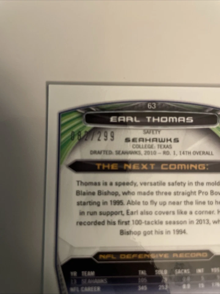 2014 Bowman Chrome Black Refractors #63 Earl Thomas III 82/299 - Image 3 of 3