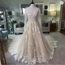 Ivory Champagne Garden Wedding Dresses LongSleeve Applique Floral Lace-up Corset