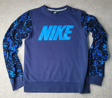 Nike Sweatshirt Small Navy Blue Camo Sleeve Crewneck Pullover Fleece Long Sleeve