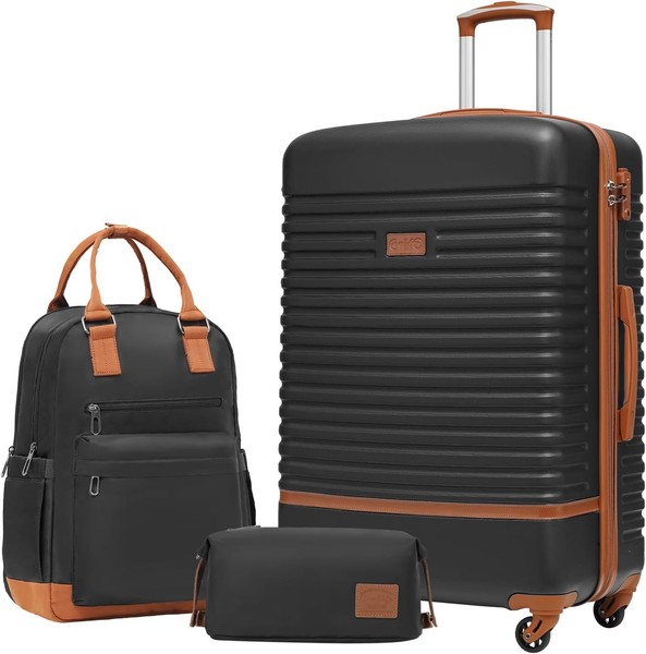 Coolife Koffer Trolley Koffer Reisekoffer Abs Hartschalen 4 Rollen Schwarz/Braun-image