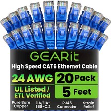 Cat 6 Ethernet Cable Pack - 20-Pack 5 ft Cat6 Ethernet Patch Cables  RJ45 Ne...
