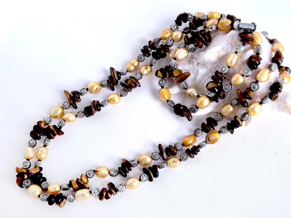 Juego de pulsera collar ojo de tigre astilla perla agua dulce amarilla 2 filas 17"-18" Foto 4 de 4