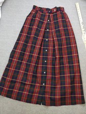 Vtg Point Of View Skirt Womens 8 Red Plaid Wool Long Pleated Button Front Lined