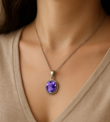 Birthstone Pendant 10x12 mm Oval Gemstone Jewelry, Silver Handmade Gift for Her - Picture 6 of 54