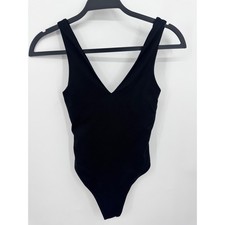 Vuori Bodysuit Women XS Black V-Neck Shelf Bra Thong Snap Closure VW1112