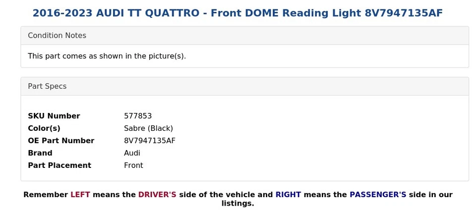 AUDI TT QUATTRO 2016-2023 - Luz de lectura cúpula delantera 8V7947135AF Foto 4 de 4