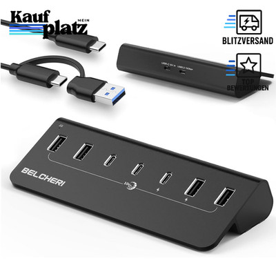 7 Port USB C Hub mit Netzteil, 10Gbit/s, 3 USB-C und 4 USB-A Ports