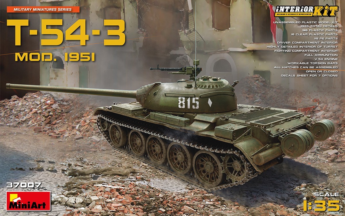 Maquette T-54-3 Soviet Medium Tank MiniArt 37007 avec intérieur complet à l'échelle 1/35