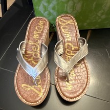Sam Edelman Silver Leather Wedge Thong Sandals Slip On Women's Size 8.5