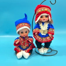 Vintage Sami Laplander Dolls Blue Red Folk Costume Doll Set of 2 Boy & Girl