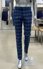 Men's Pants Flat Front ,Modern Fit ,Plaid Dark Blue Light Blue Art.312