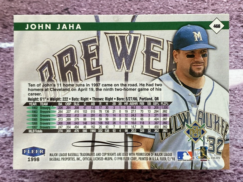 1998 Fleer Tradition John Jaha #468 Milwaukee Brewers - Image 2 of 2