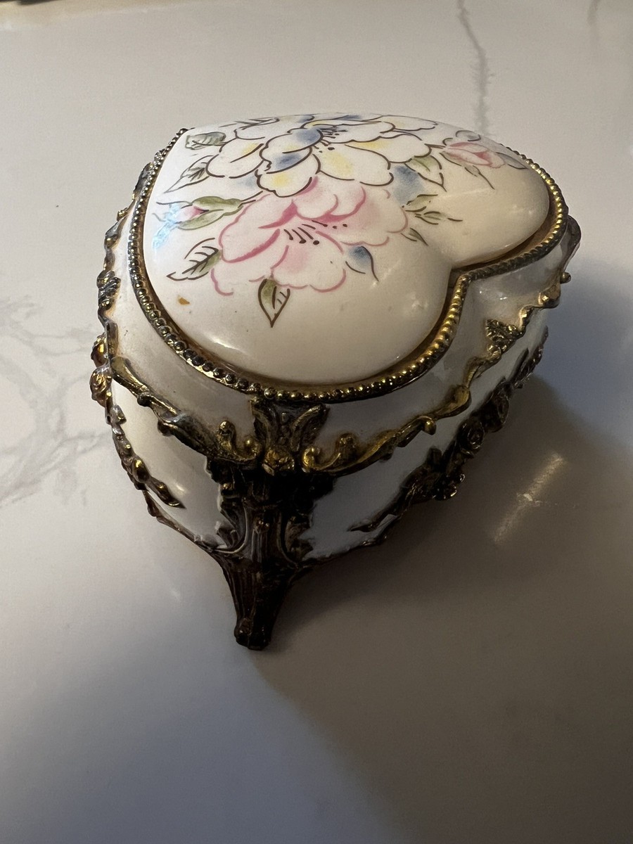 Vintage Love Story Heart Music Box Japan Porcelain Gold Footed