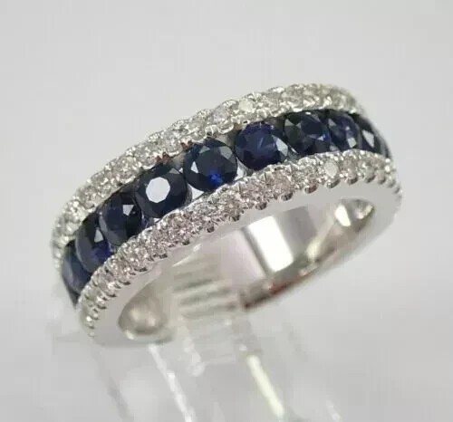 2Ct Round Cut Blue Sapphire Lab-Created Wedding Band Ring 14K White Gold Plated