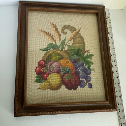 Vintage Needlepoint Cornucopia Fruit Basket Framed Art Stitch Work 17X14 - Picture 3 of 5