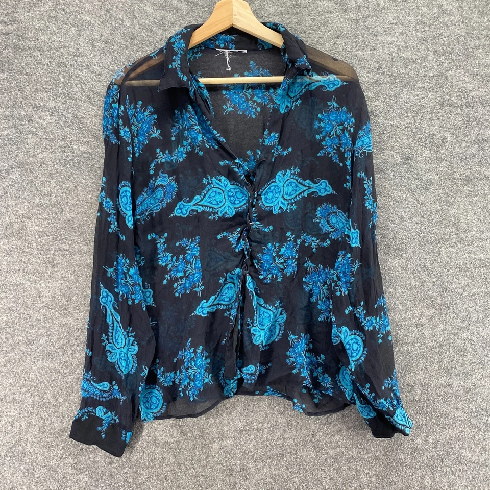 Blusa sin marca para mujer M mediana negra geométrica seda con cordones manga larga Foto 4 de 4