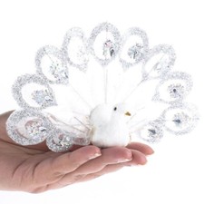 Set of 4 Sparkling Iridescent White Artificial 4" Peacocks
