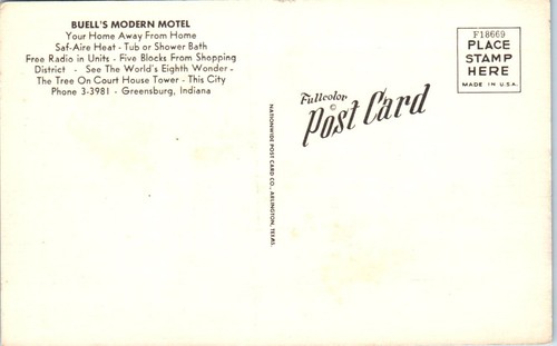 1940s Indiana Postcard Greensburg IN Ind Buell's Motel Buells Unused Linen Sign - Picture 2 of 2