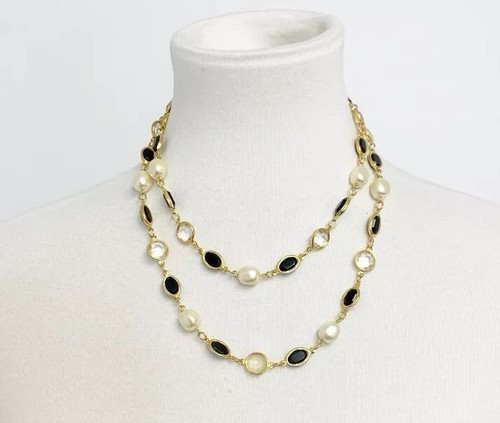 Necklace Faux Freshwater Pearls Framed Black Clear Faceted Gems DBL 40”