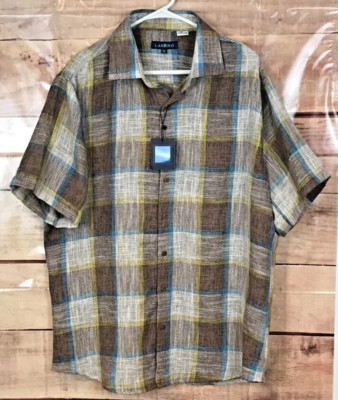 Lanzino Men 2XL Button Down Brown Plaid Shirt Linen Cotton Blend Relaxed Fit