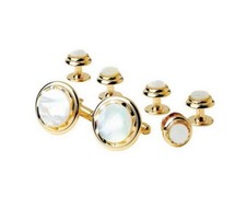 Big  Tall Mother of Pearl Etched Studs and Cufflinks with Gold Trim