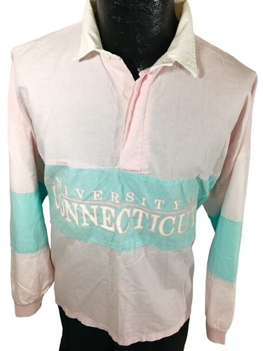 Vtg 80 90's Jansport Pastel PINK Blue University of Connecticut Pull Over POLO