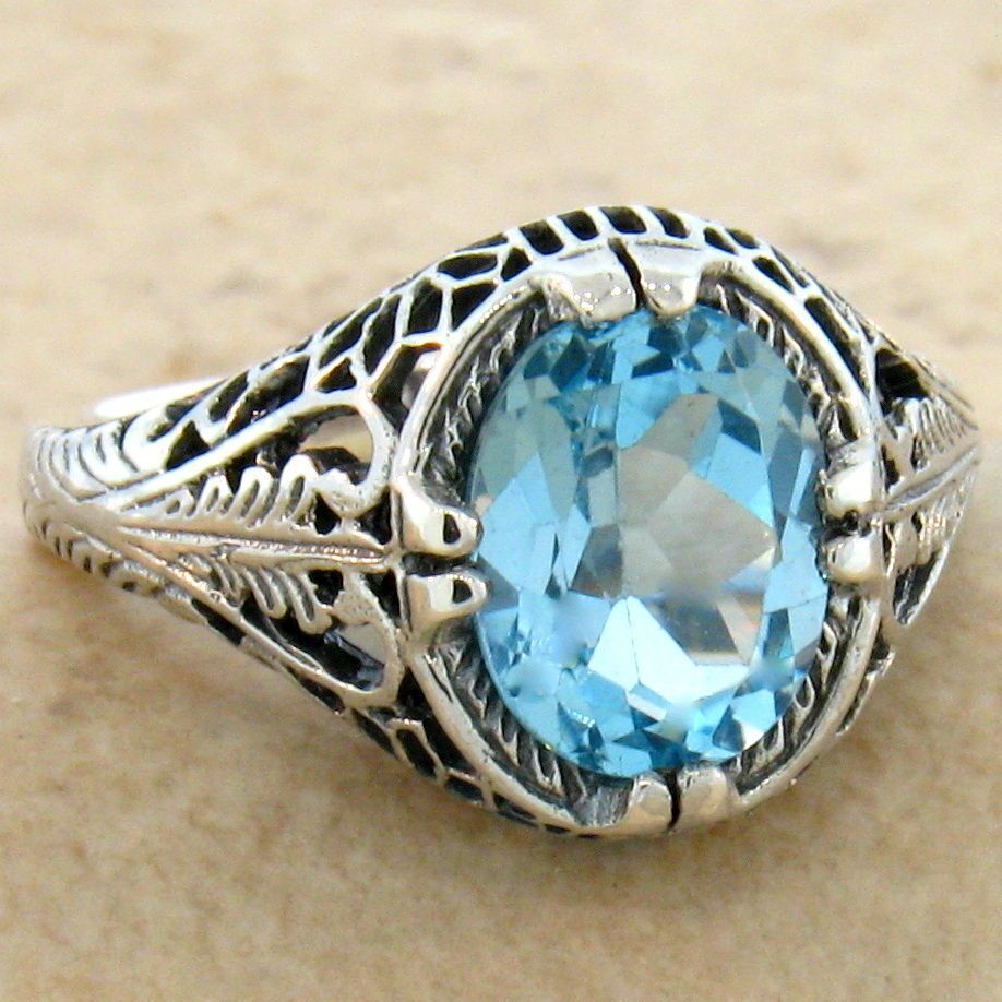 70s〜リングNo.316488 2 CT GENUINE BLUE TOPAZ CLASSIC ART DECO STYLE 925 STERLING SILVER