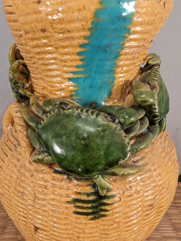 Jarrón antiguo japonés Seto cerámica cerámica amarillo figurativo relieve cangrejo cesta Foto 3 de 4