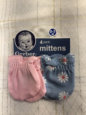 Gerber 2 Pack Mittens No Scratch Mittens Infant Girl Pink Blue Flower 0-3 Months
