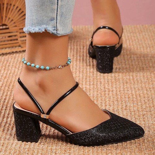 Fashion Women Bling High Heel Slippers Sexy Pumps Pointed Toe Thick-Heeled Shoes - Picture 12 of 18