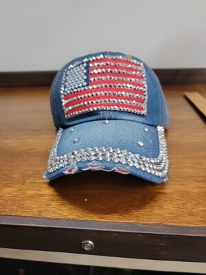 Distressed Denim Baseball Cap With Rhinestone US Flag – Bling Hat For Men & Women - View #6