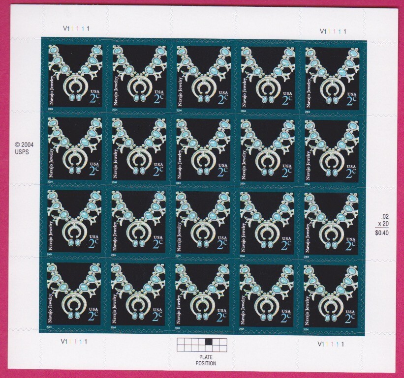 2004 NAVAJO JEWELRY STAMP SHEET NATIVE AMERICAN ART 2 CENT x20