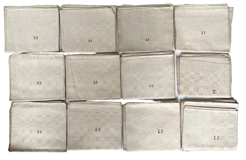 6 serviettes de table 1900 - 1930, lin damassé écru Initiales LI, linge table - Photo 3/4