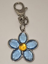 Silver Tone Pure Charm Daisy Key Chain Blue And Amber Rhinestones Floral -576