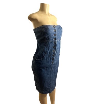 Vintage Women L Byblos Jeans Denim Strapless Button-Front Dress Italy 